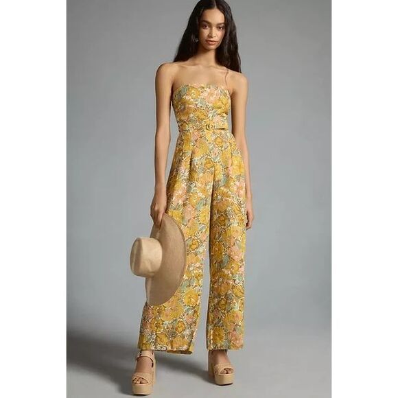 NWT Faithfull The Brand Strapless Alegrias Floral Print Linen Jumpsuit Yellow